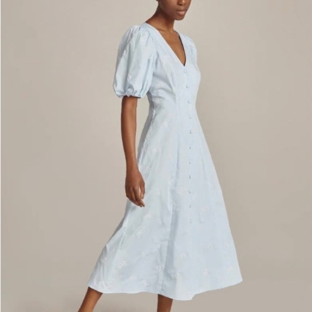 Ghost London light blue midi dress embroidered with daisies.  So Pretty!